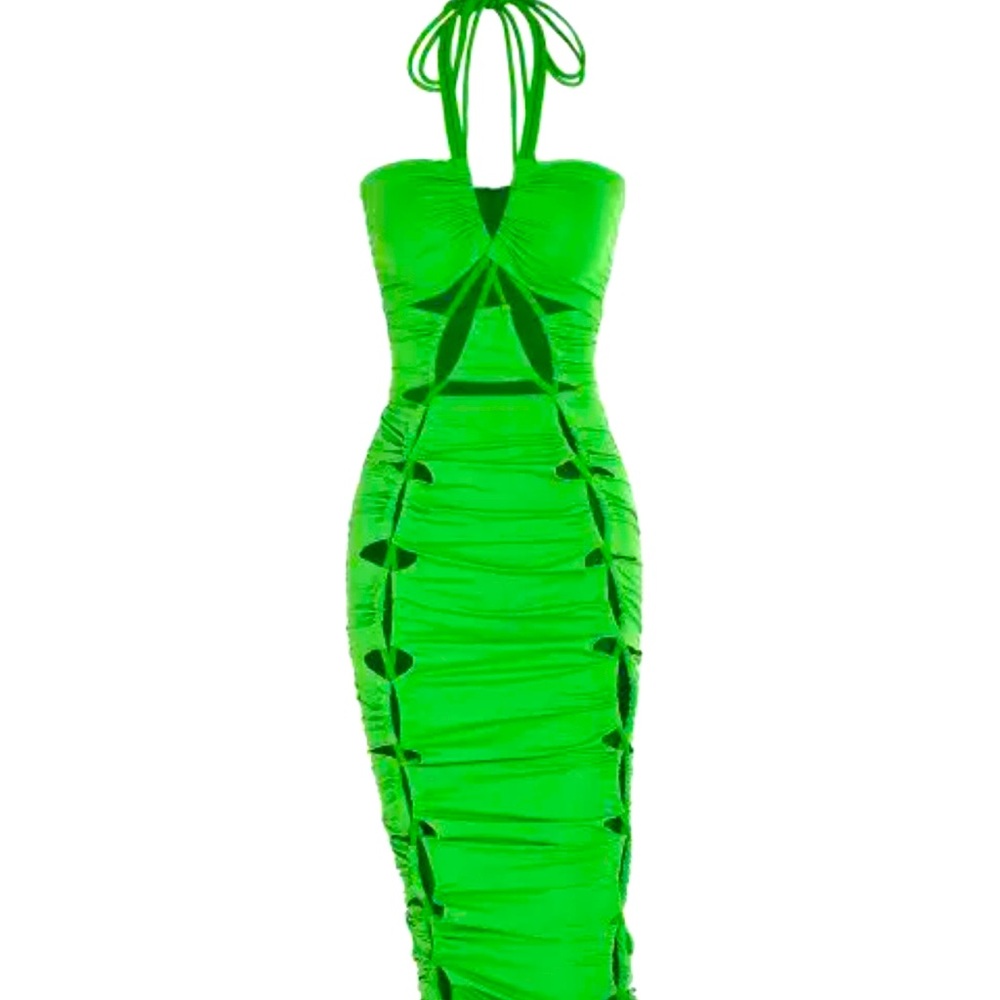 Lace Up Criss Cross Halter Cut Out Slinky Dress - Green S